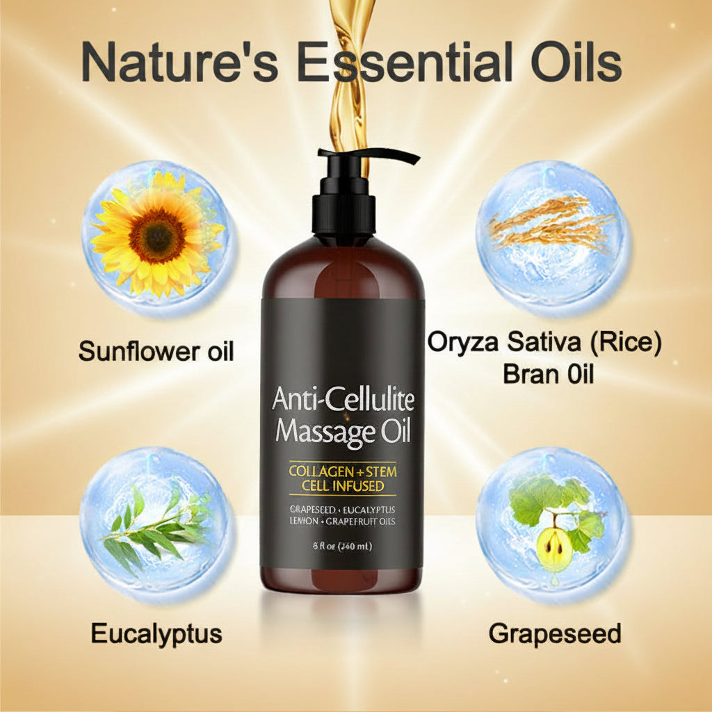 Bottle of Anti-Cellulite Massage Oil with ingredients labeled on a beige background