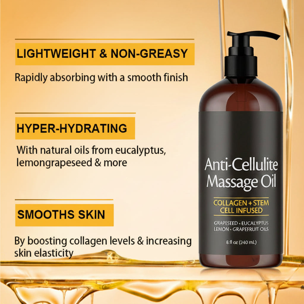 Anti-cellulite massage oil bottle with features listed on a gold background